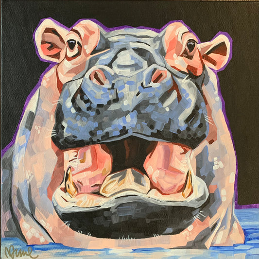 12”x12” - "Henrietta" - Hippopotamus Painting-Acrylic Painting