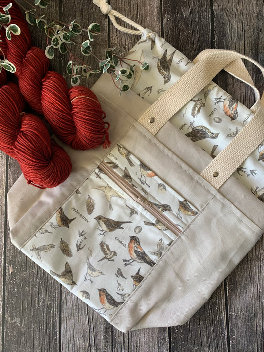 Song Bird Fabric Project Bag - Firefly Tote Project Size - Knitting Project Bag - Crochet Project Bag - Sweet Pea & Sparrow