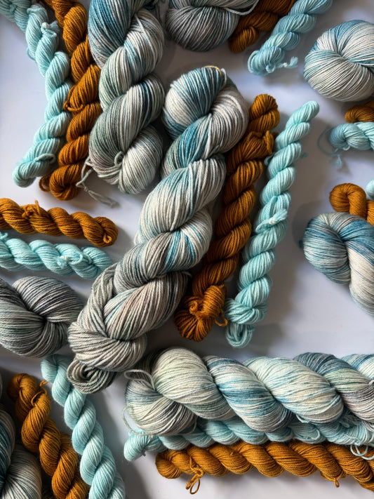 Emerald Moth & Toffee/Cornflower - Sock Set-  Dyed to Order - Sweet Pea & Sparrow Hand Dyed Yarns
