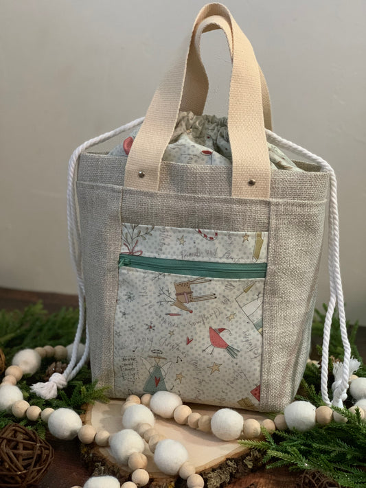 Folk Art Christmas Fabric Project Bag - Firefly Tote Project Size - Knitting Project Bag - Crochet Project Bag - Sweet Pea & Sparrow