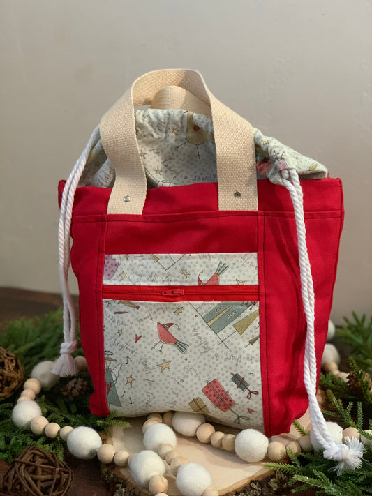 Folk Art Christmas Fabric Project Bag - Firefly Tote Project Size - Knitting Project Bag - Crochet Project Bag - Sweet Pea & Sparrow
