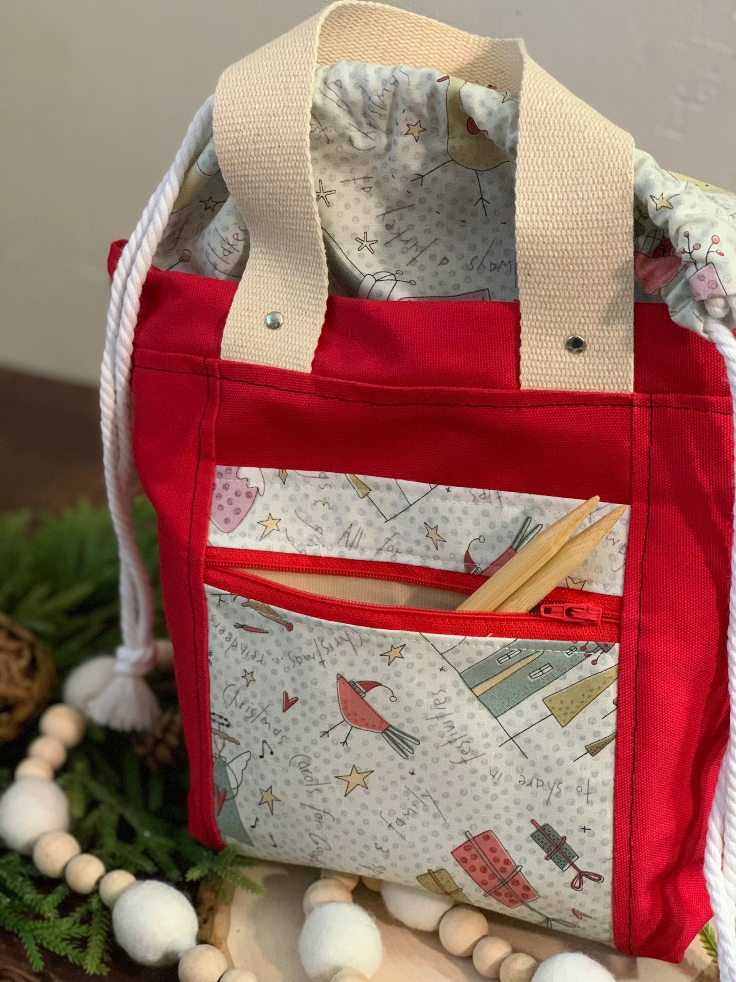 Folk Art Christmas Fabric Project Bag - Firefly Tote Project Size - Knitting Project Bag - Crochet Project Bag - Sweet Pea & Sparrow